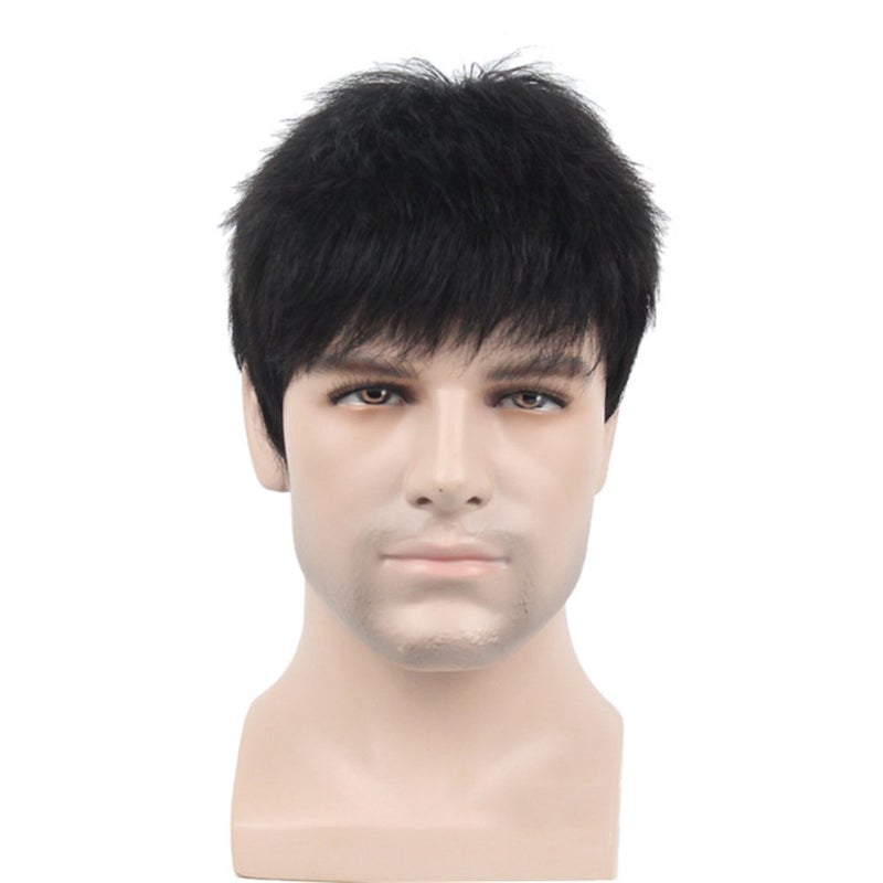Remeehi Manly Short Fluffy Straight Full Bang None Lace Machine Made Real Human Hair Wig For Men Nature Black - Image 1